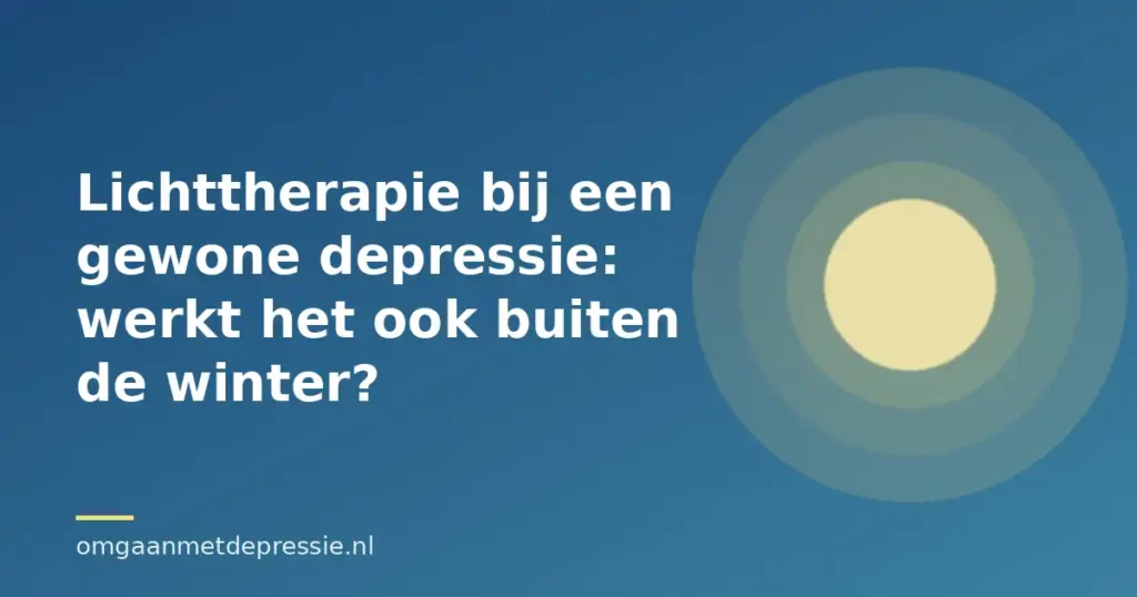 Illustratie van een zon op een blauwe achtergrond met de titel Lichttherapie bij een gewone depressie: werkt het ook buiten de winter?
