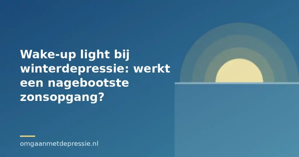 Illustratie van een opkomende zon op een blauwe achtergrond met de titel Wake-up light bij winterdepressie: werkt een nagebootste zonsopgang?